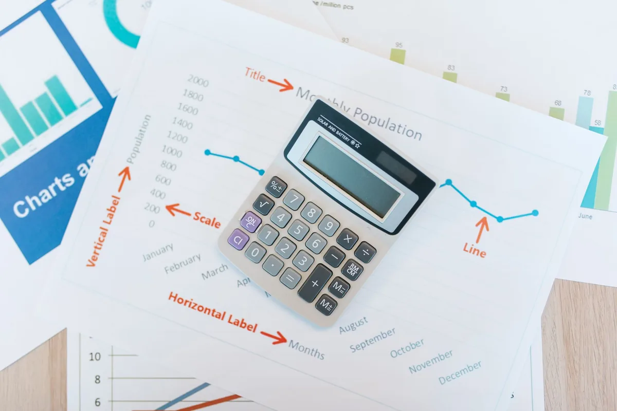 Calculatrice et graphiques d'analyse financière sur un bureau professionnel